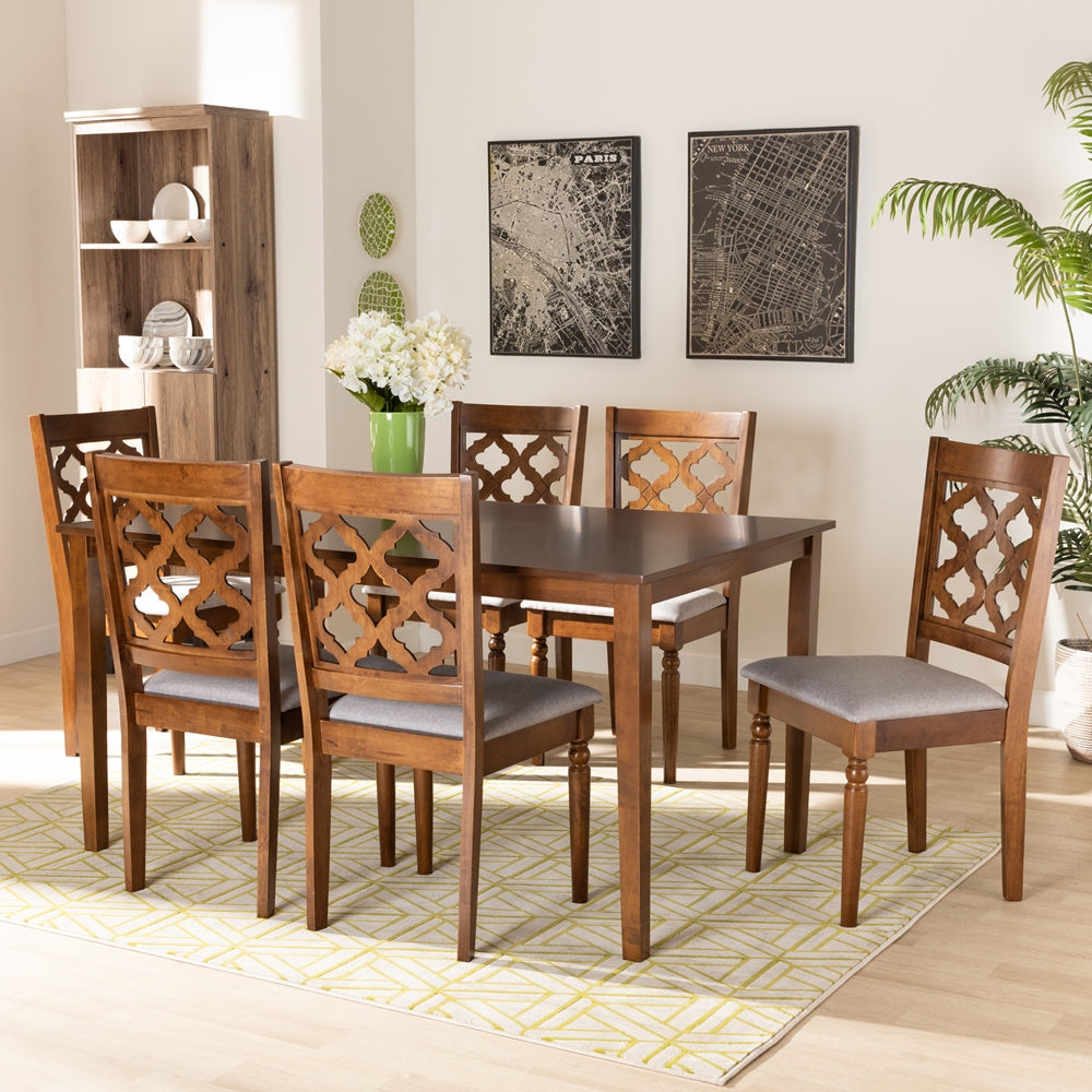 Ramiro Modern and Contemporary Grey Fabric Upholstered and Walnut Brown Finished Wood 7-Piece Dining Set