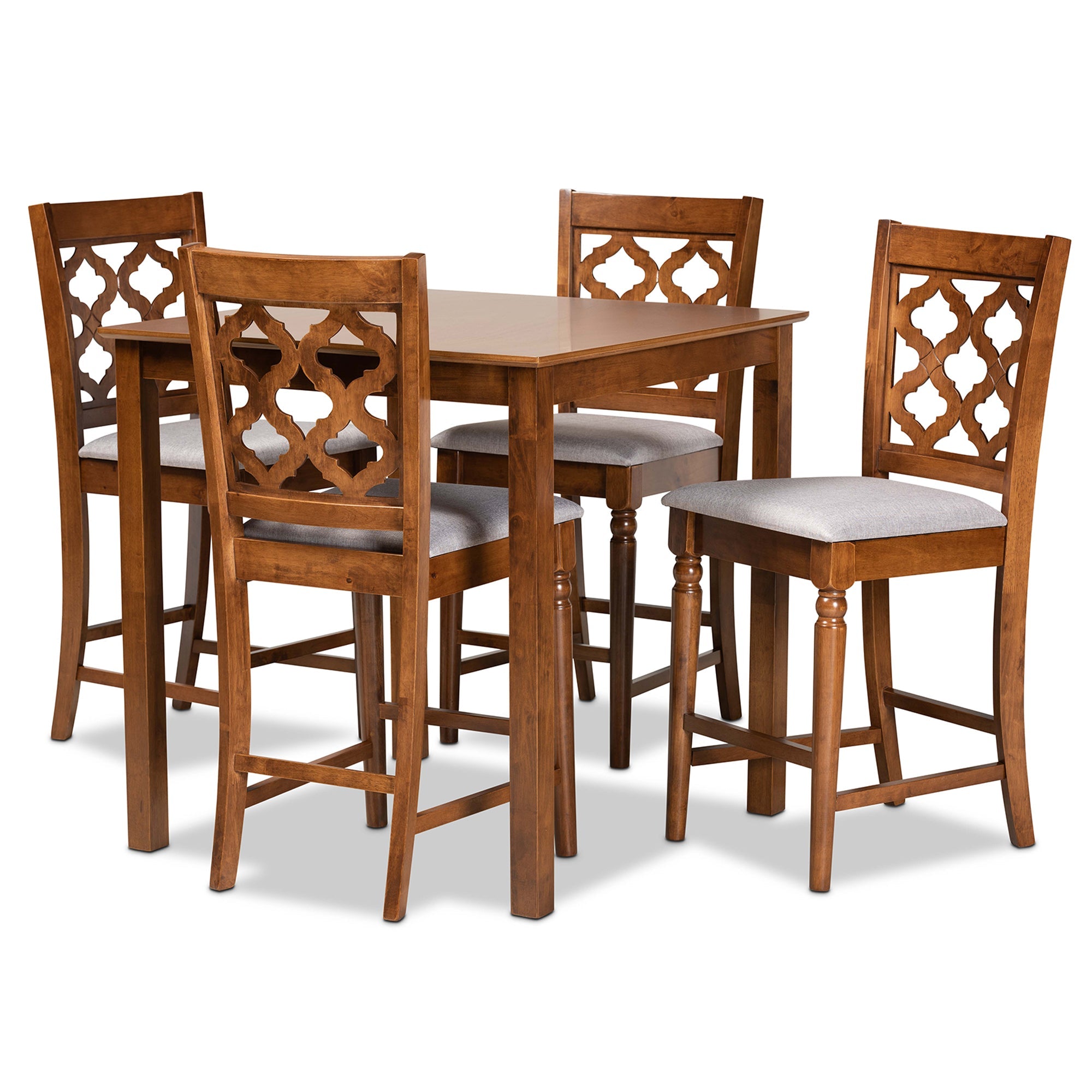 Ramiro Modern and Contemporary Transitional Grey Fabric Upholstered and Walnut Brown Finished Wood 5-Piece Pub Set