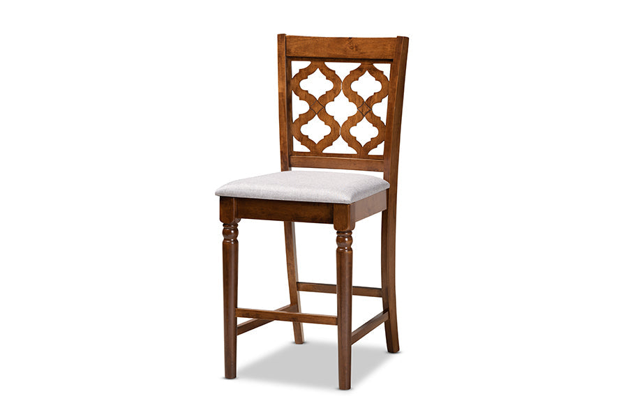 Ramiro Modern and Contemporary Transitional Grey Fabric Upholstered and Walnut Brown Finished Wood 5-Piece Pub Set