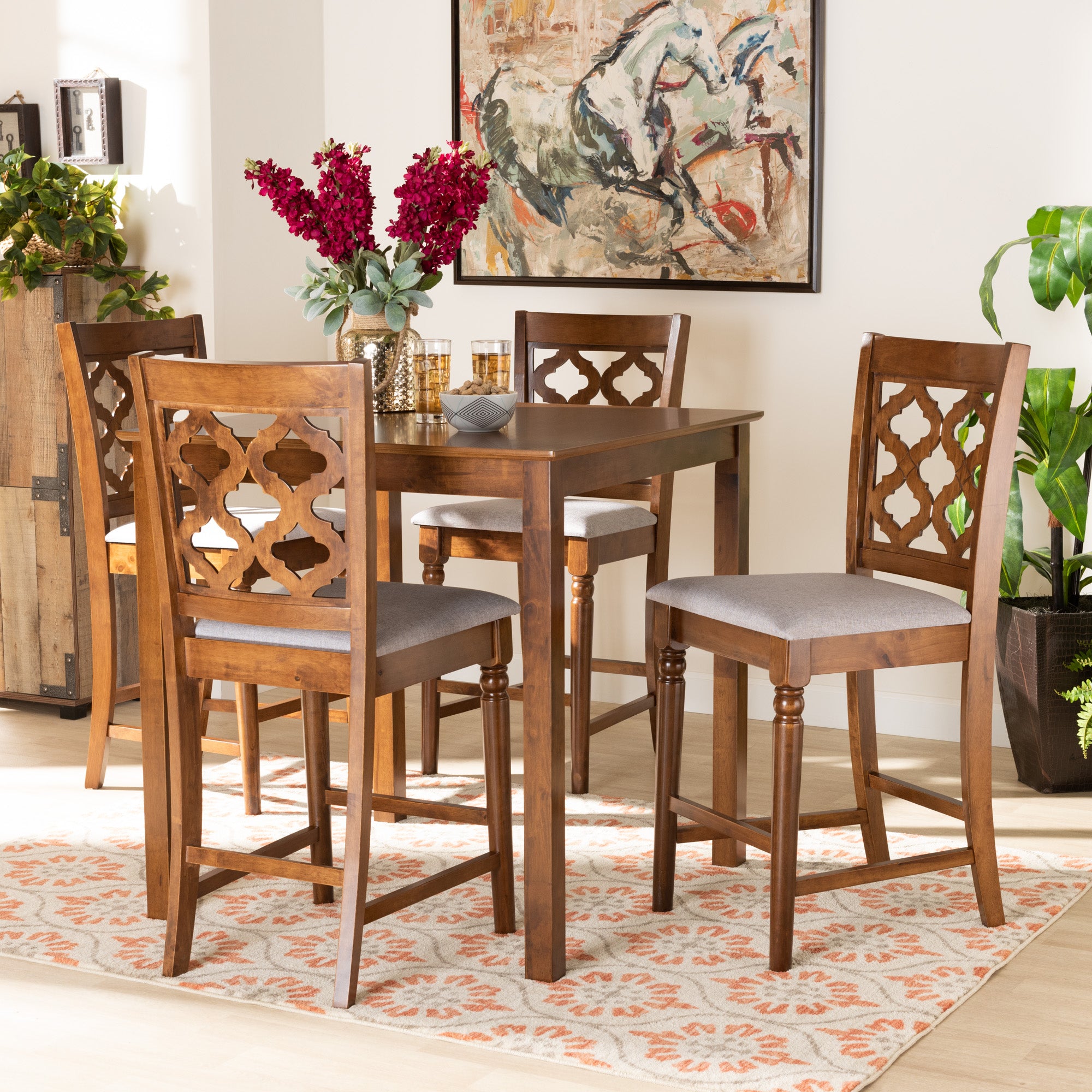 Ramiro Modern and Contemporary Transitional Grey Fabric Upholstered and Walnut Brown Finished Wood 5-Piece Pub Set