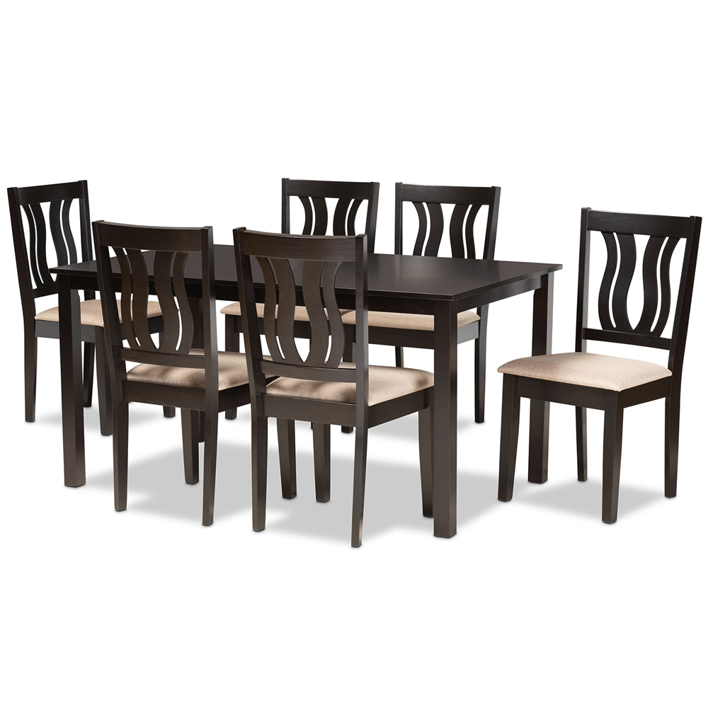 Fenton Modern and Contemporary Sand Fabric Upholstered and Dark Brown Finished Wood 7-Piece Dining Set