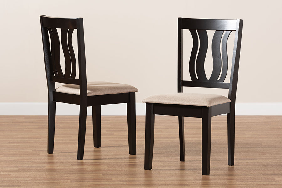 Fenton Modern and Contemporary Sand Fabric Upholstered and Dark Brown Finished Wood 2-Piece Dining Chair Set