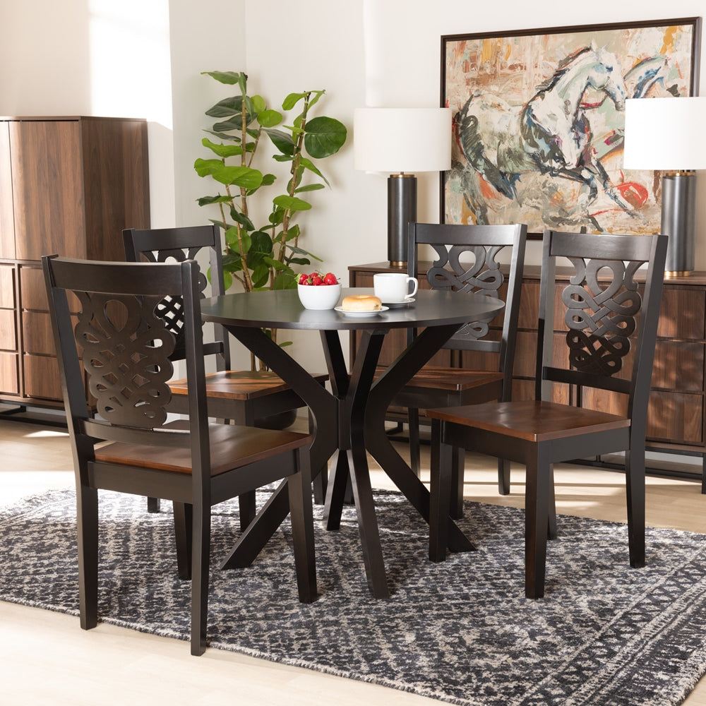 Liese Modern and Contemporary Transitional Two-Tone Dark Brown and Walnut Brown Finished Wood 5-Piece Dining Set