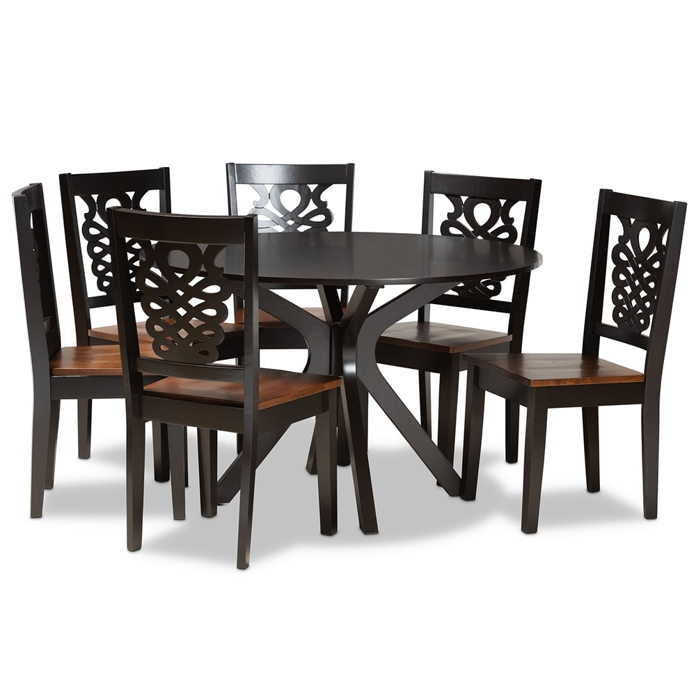 Liese Modern and Contemporary Transitional Two-Tone Dark Brown and Walnut Brown Finished Wood 7-Piece Dining Set