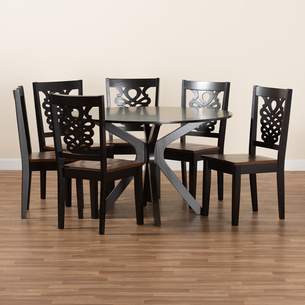 Liese Modern and Contemporary Transitional Two-Tone Dark Brown and Walnut Brown Finished Wood 7-Piece Dining Set