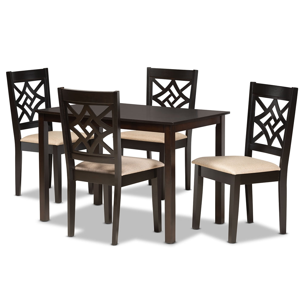 Nicolette Modern and Contemporary Sand Fabric Upholstered and Dark Brown Finished Wood 5-Piece Dining Set