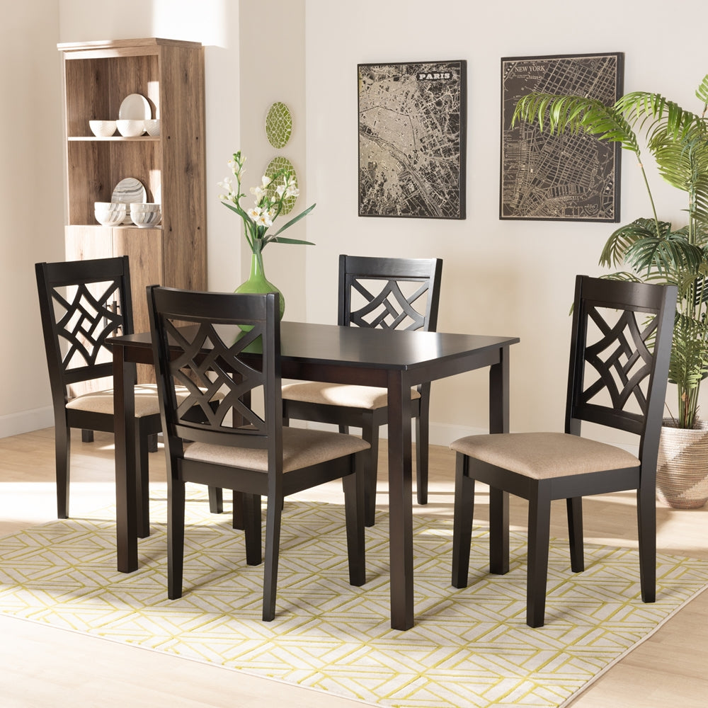 Nicolette Modern and Contemporary Sand Fabric Upholstered and Dark Brown Finished Wood 5-Piece Dining Set