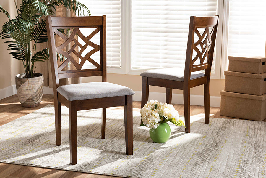 Nicolette Modern and Contemporary Grey Fabric Upholstered and Walnut Brown Finished Wood 2-Piece Dining Chair Set