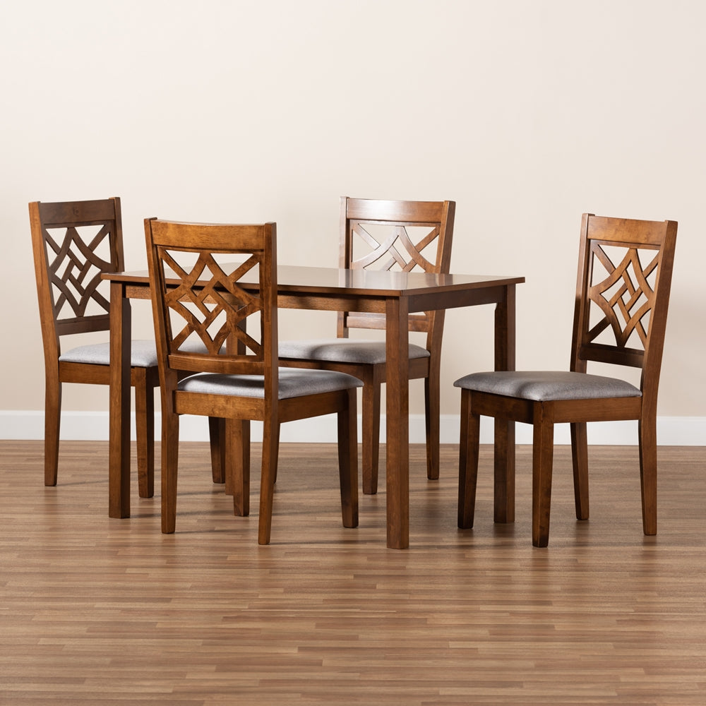Nicolette Modern and Contemporary Grey Fabric Upholstered and Walnut Brown Finished Wood 5-Piece Dining Set