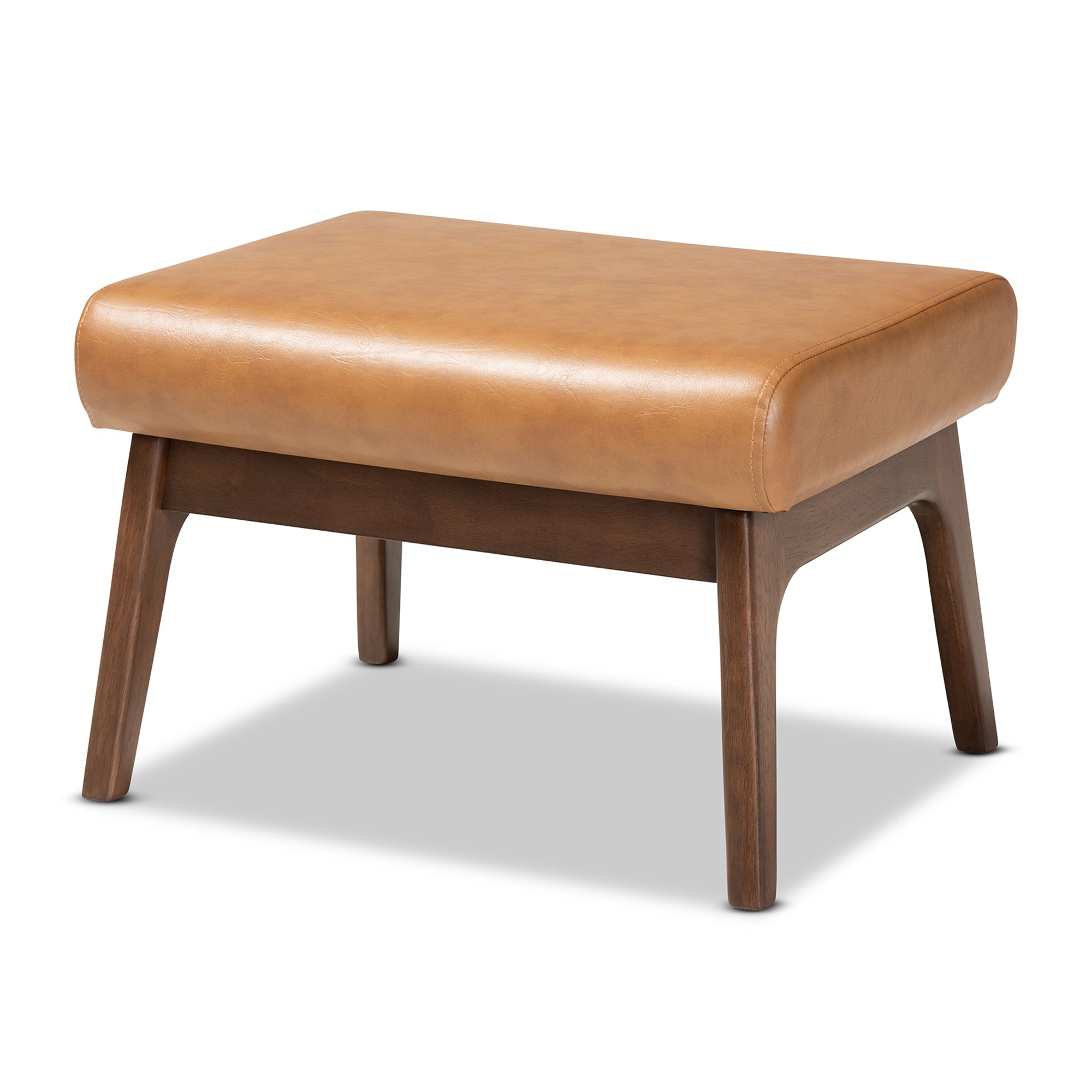 Bianca Mid-Century Modern Walnut Brown Finished Wood and Tan Faux Leather Effect 2-Piece Lounge chair and Ottoman Set