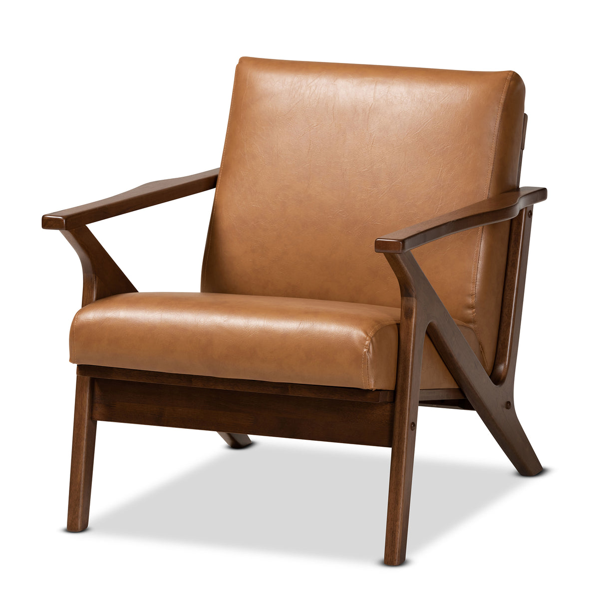 Bianca Mid-Century Modern Walnut Brown Finished Wood and Tan Faux Leather Effect 2-Piece Lounge chair and Ottoman Set