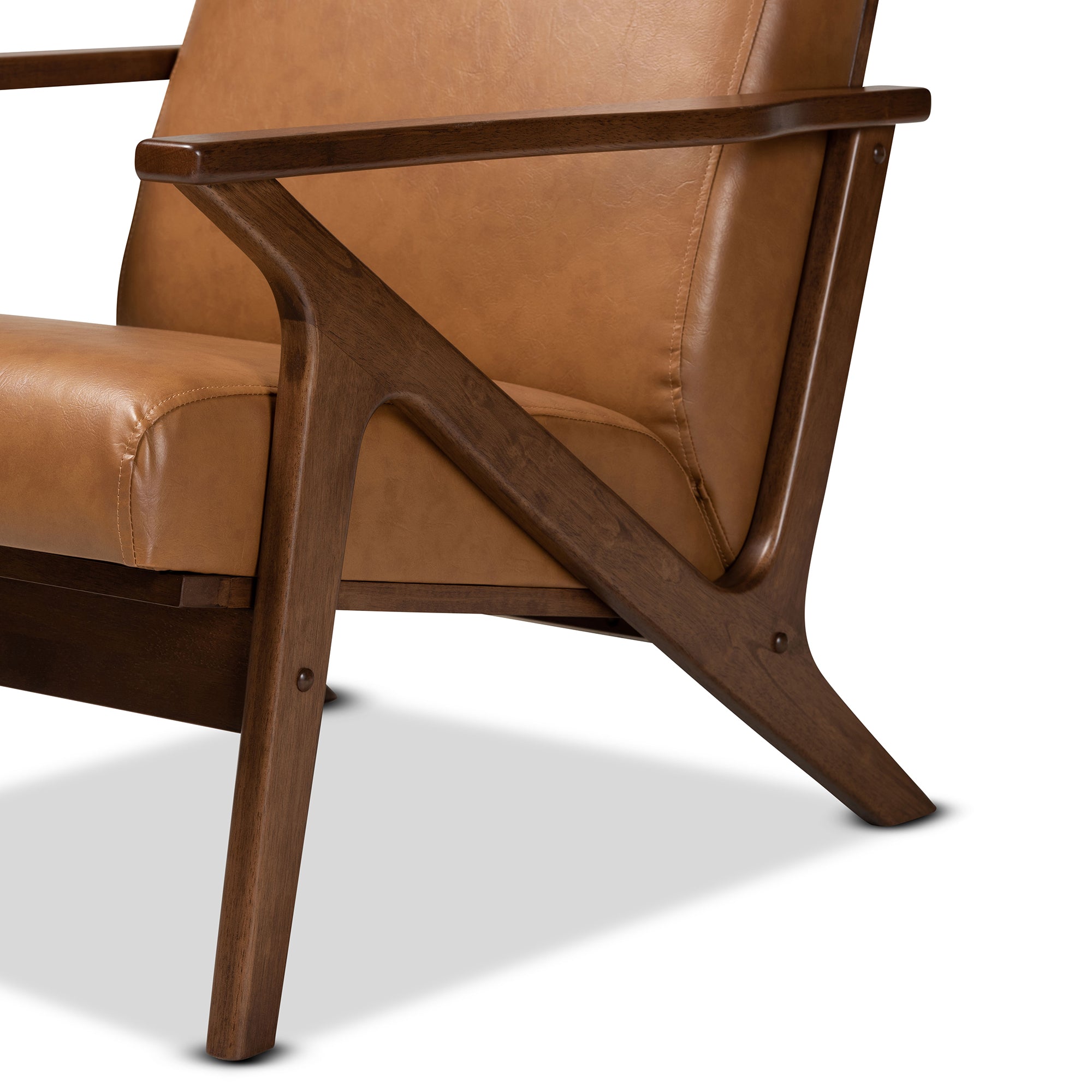 Bianca Mid-Century Modern Walnut Brown Finished Wood and Tan Faux Leather Effect 2-Piece Lounge chair and Ottoman Set