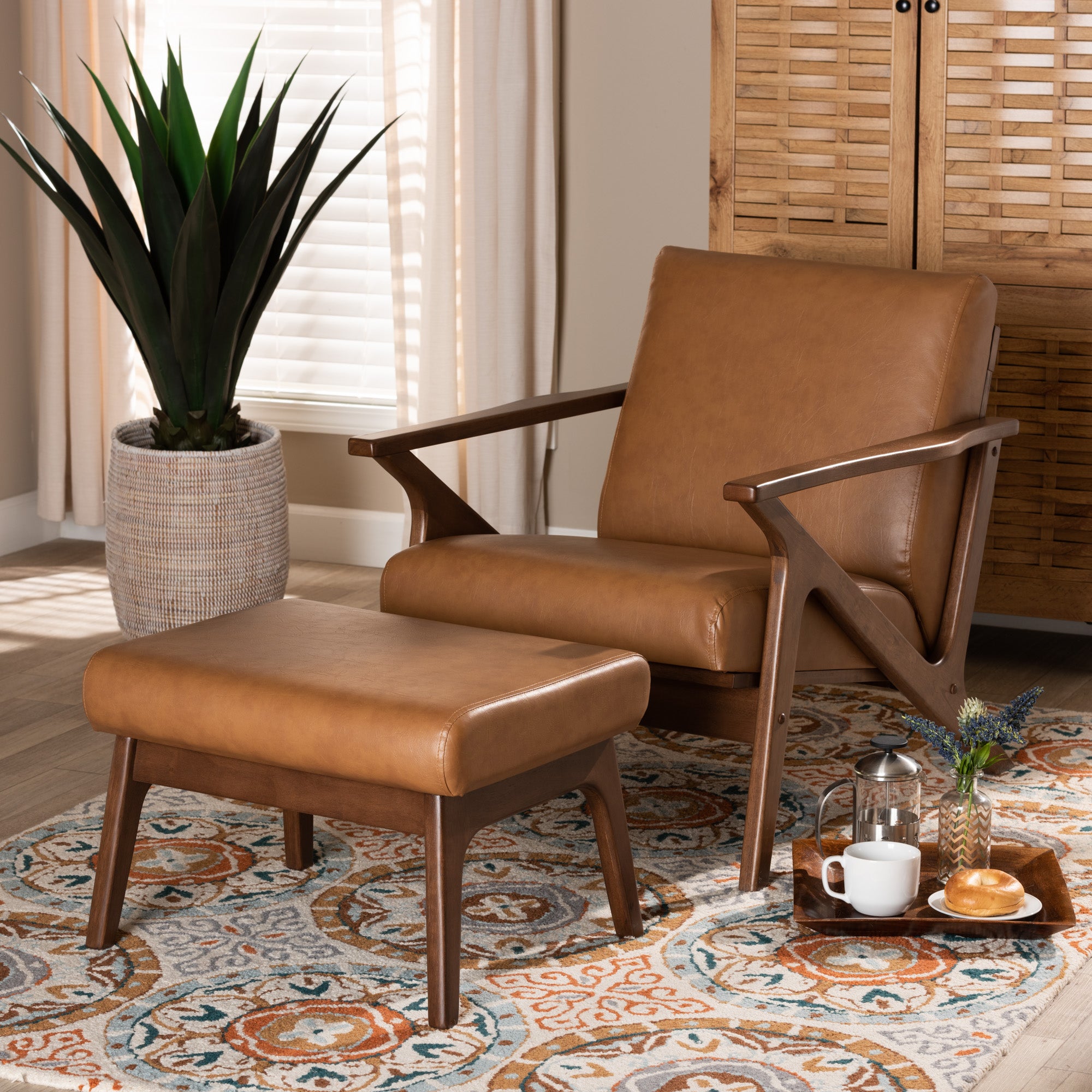 Bianca Mid-Century Modern Walnut Brown Finished Wood and Tan Faux Leather Effect 2-Piece Lounge chair and Ottoman Set