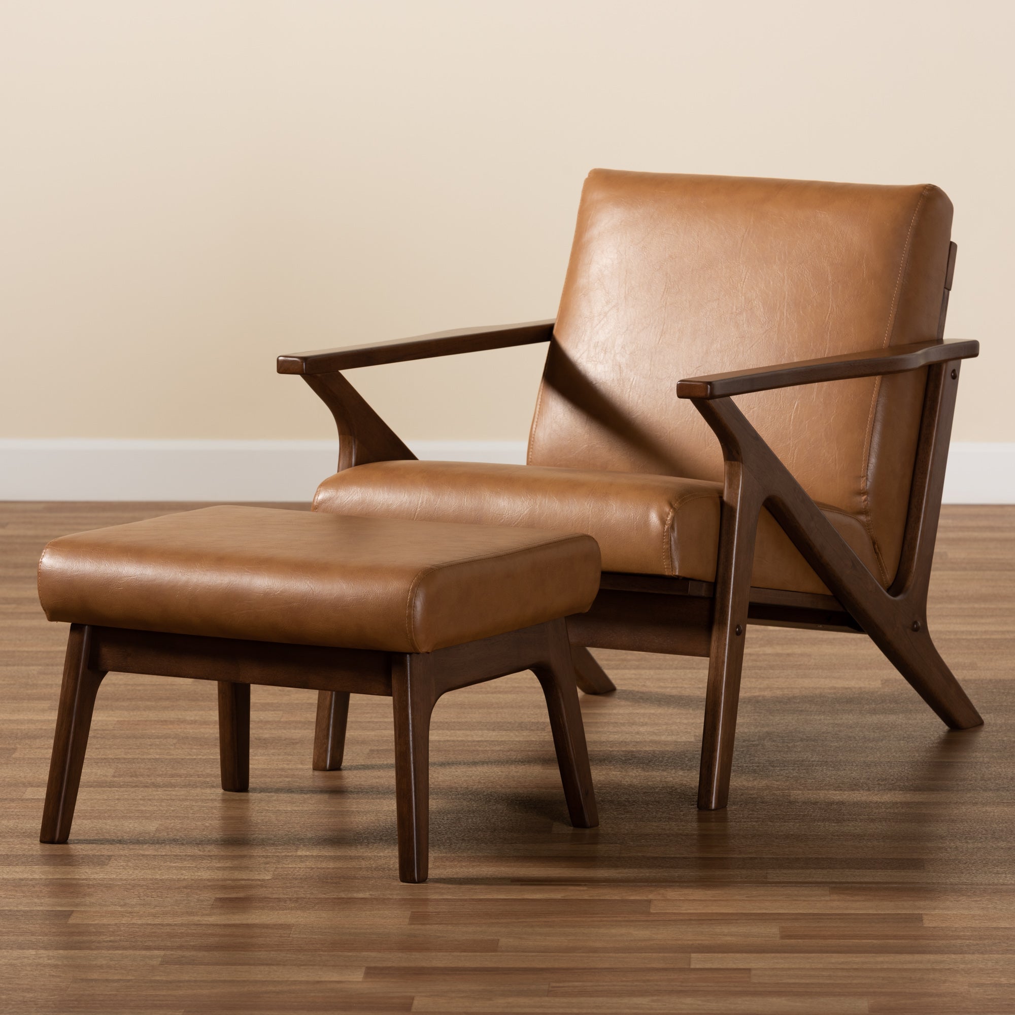 Bianca Mid-Century Modern Walnut Brown Finished Wood and Tan Faux Leather Effect 2-Piece Lounge chair and Ottoman Set