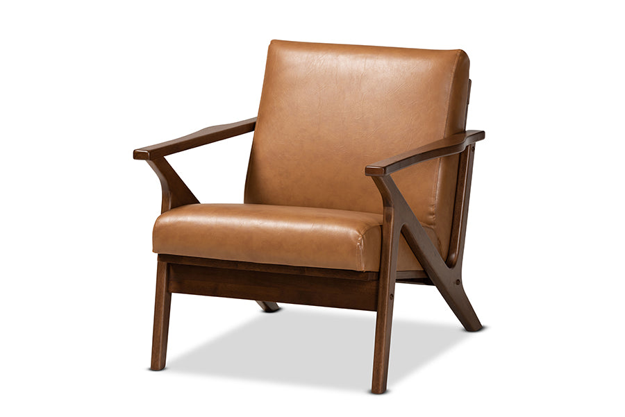 Bianca Mid-Century Modern Walnut Brown Finished Wood and Tan Faux Leather Effect Lounge Chair