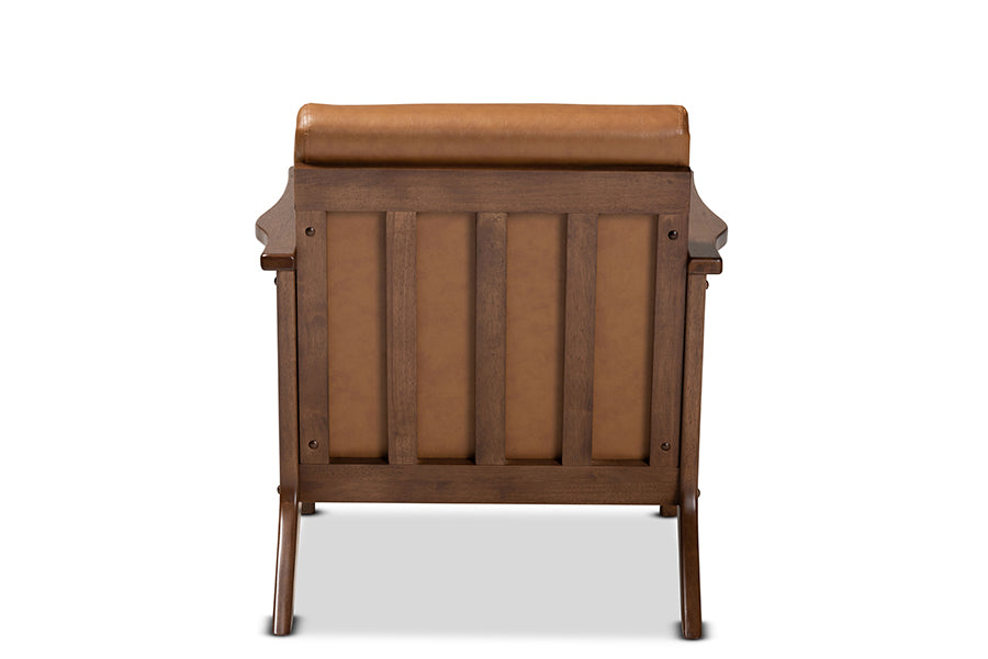 Bianca Mid-Century Modern Walnut Brown Finished Wood and Tan Faux Leather Effect Lounge Chair