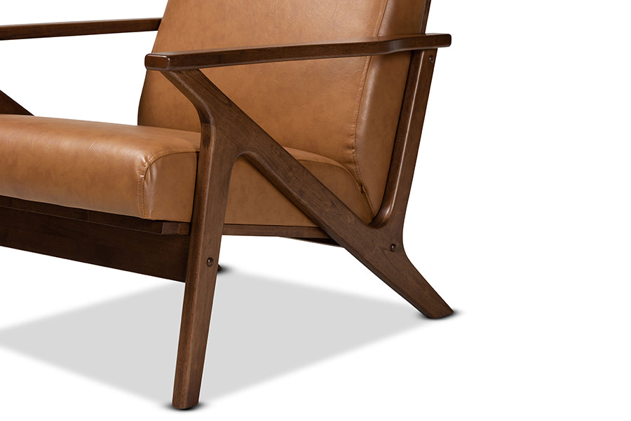 Bianca Mid-Century Modern Walnut Brown Finished Wood and Tan Faux Leather Effect Lounge Chair