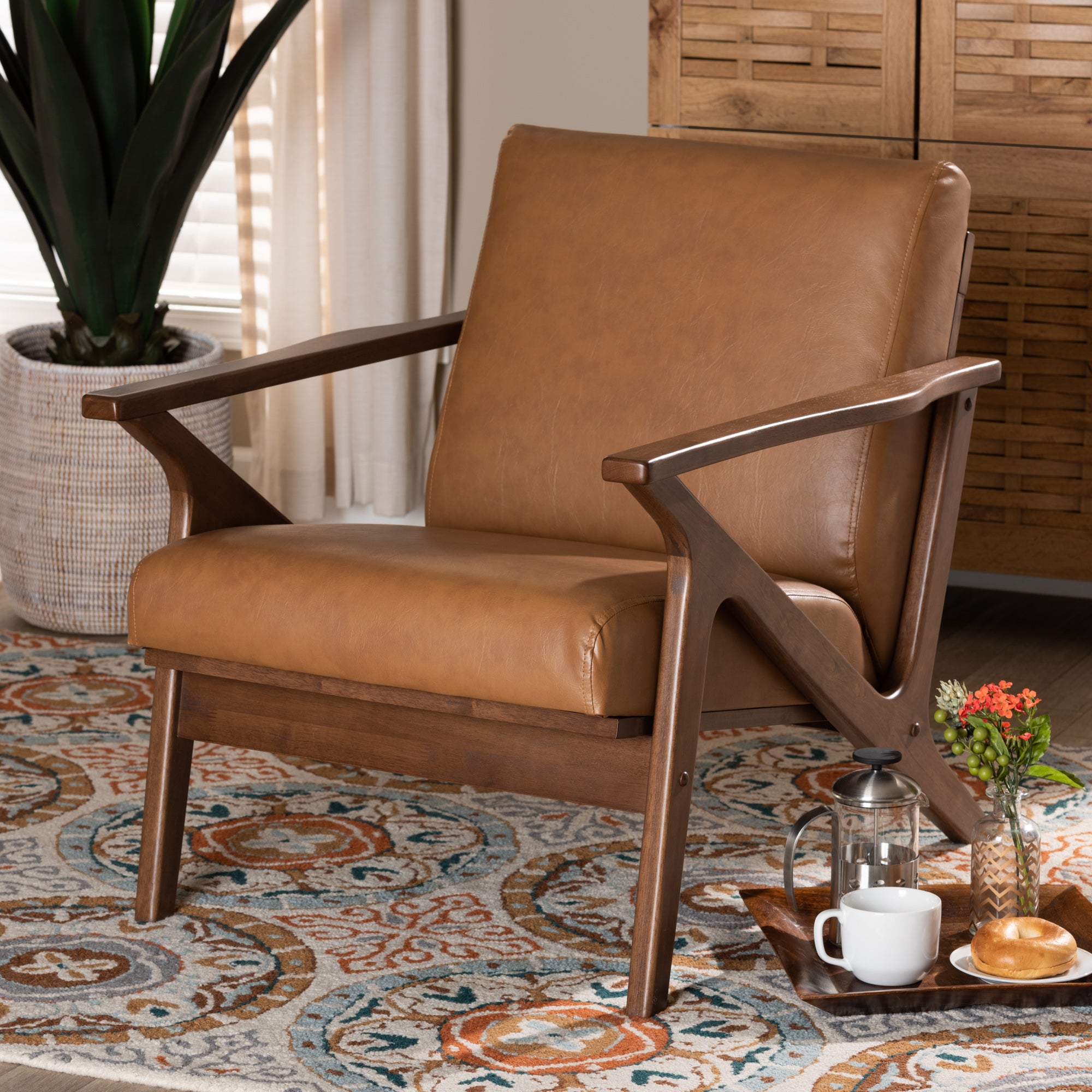 Bianca Mid-Century Modern Walnut Brown Finished Wood and Tan Faux Leather Effect Lounge Chair