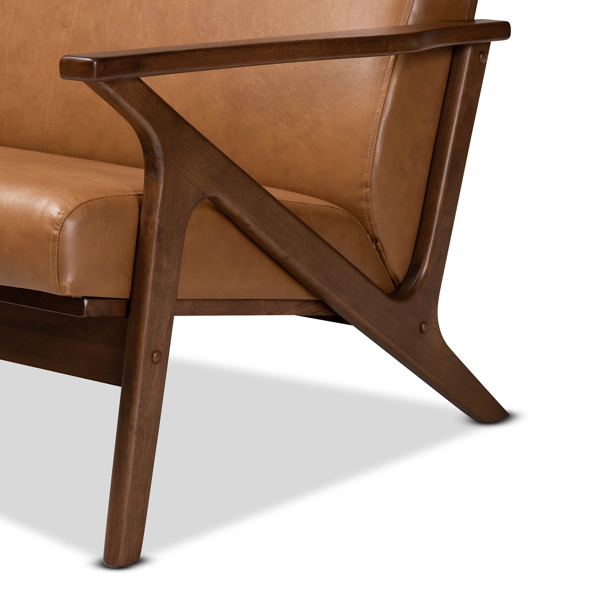 Bianca Mid-Century Modern Walnut Brown Finished Wood and Tan Faux Leather Effect Loveseat