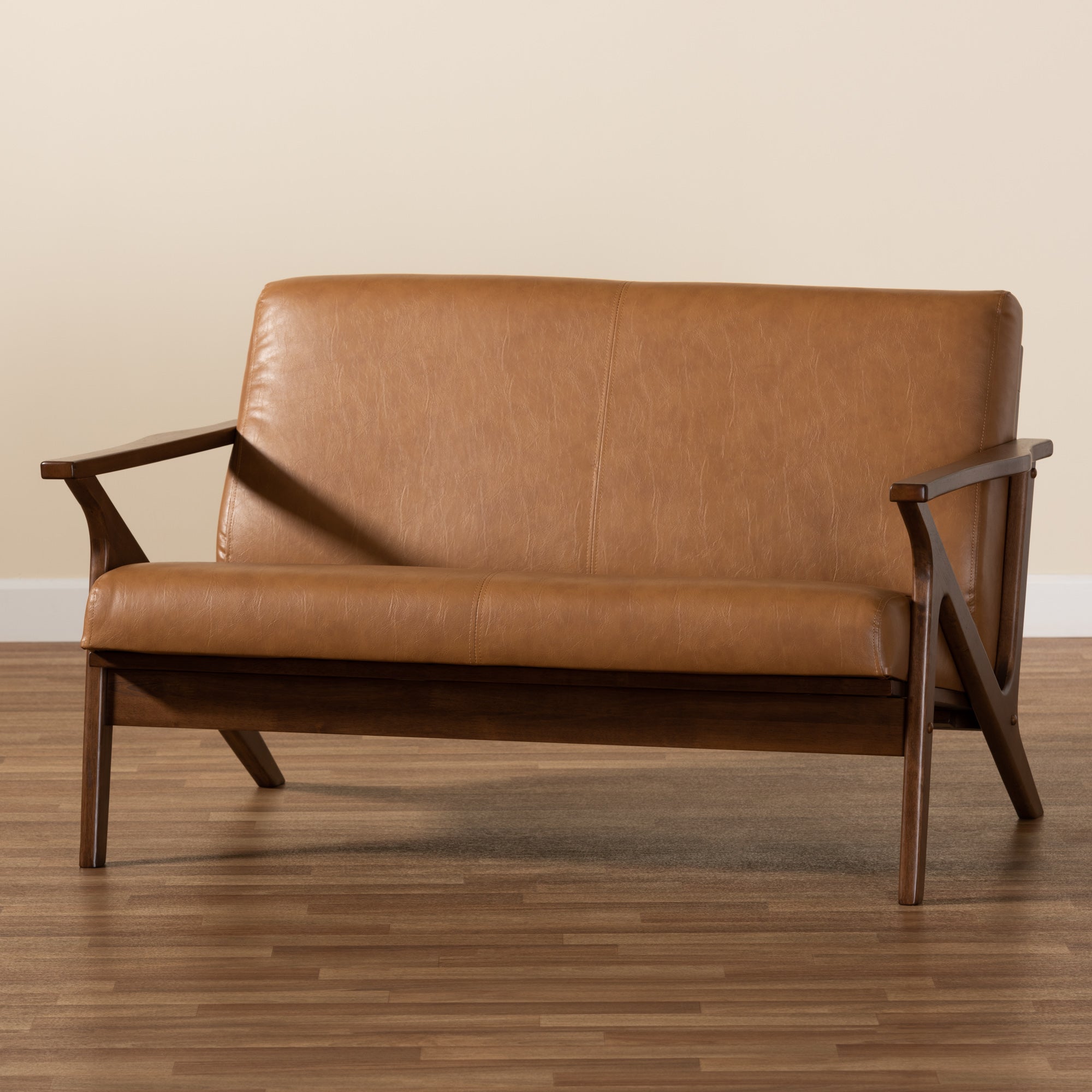 Bianca Mid-Century Modern Walnut Brown Finished Wood and Tan Faux Leather Effect Loveseat