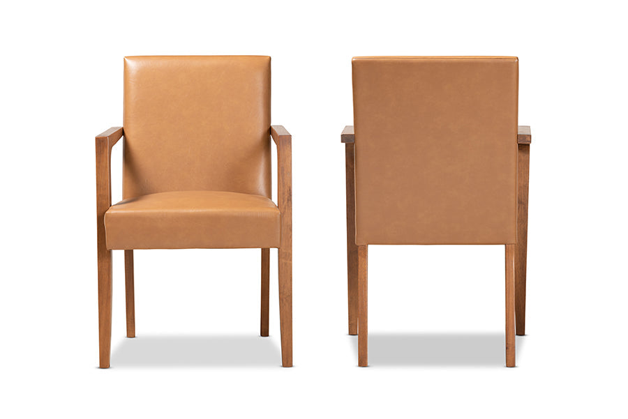 Andrea Mid-Century Modern Tan Faux Leather Upholstered and Walnut Brown Finished Wood 2-Piece Armchair Set