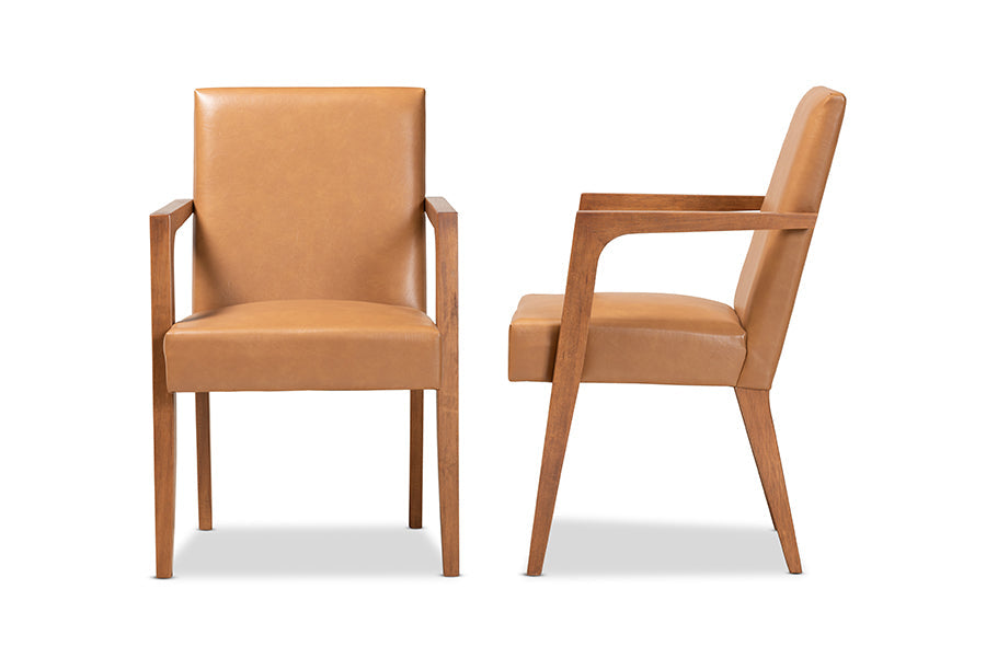 Andrea Mid-Century Modern Tan Faux Leather Upholstered and Walnut Brown Finished Wood 2-Piece Armchair Set