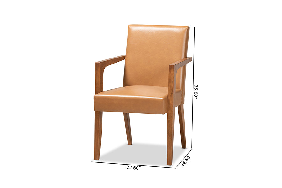 Andrea Mid-Century Modern Tan Faux Leather Upholstered and Walnut Brown Finished Wood 2-Piece Armchair Set