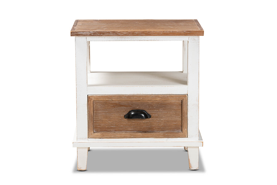 Glynn Rustic Farmhouse Weathered Two-Tone White and Oak Brown Finished Wood 1-Drawer End Table