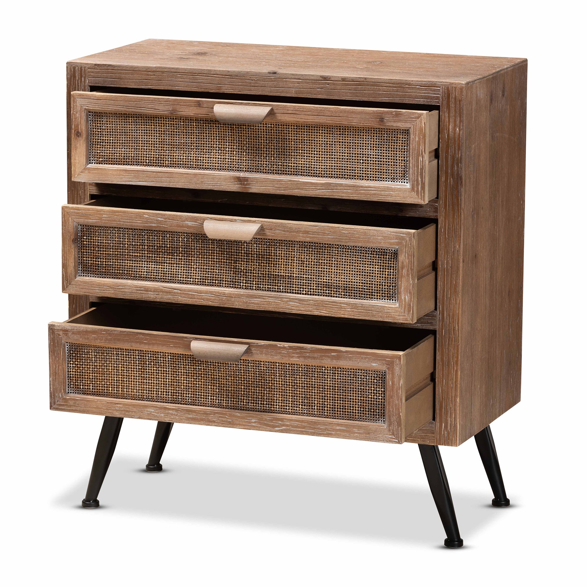 Calida Mid-Century Modern Whitewashed Natural Brown Finished Wood and Rattan 3-Drawer Storage Cabinet