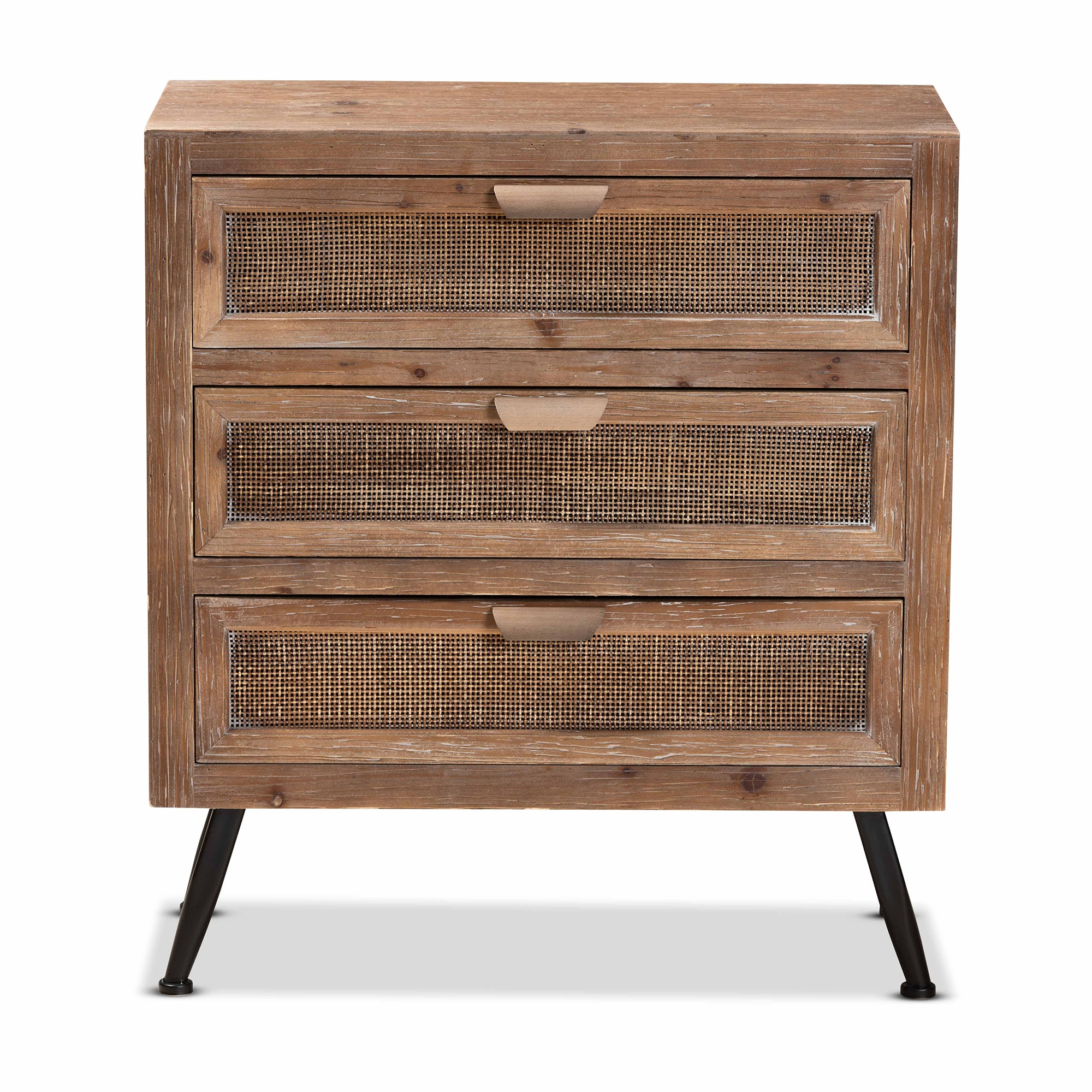 Calida Mid-Century Modern Whitewashed Natural Brown Finished Wood and Rattan 3-Drawer Storage Cabinet