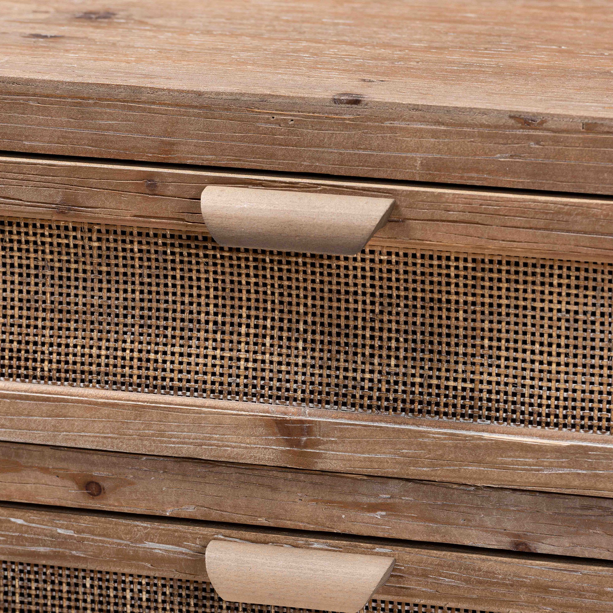 Calida Mid-Century Modern Whitewashed Natural Brown Finished Wood and Rattan 3-Drawer Storage Cabinet