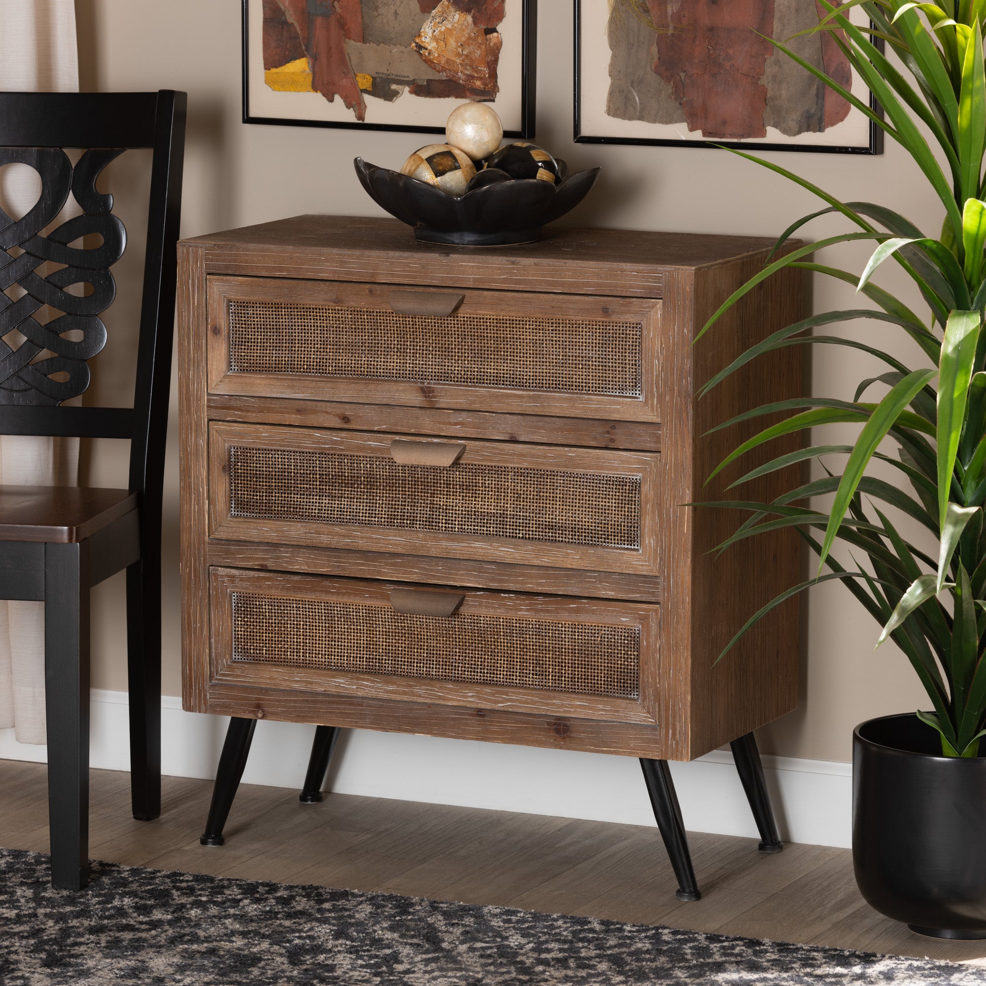Calida Mid-Century Modern Whitewashed Natural Brown Finished Wood and Rattan 3-Drawer Storage Cabinet