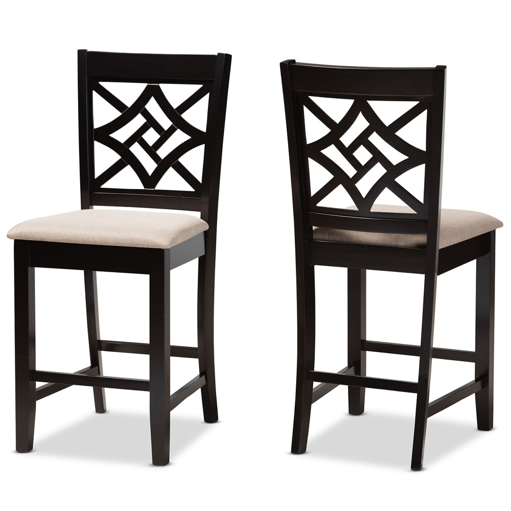 Nicolette Modern and Contemporary Sand Fabric Upholstered and Dark Brown Finished Wood 2-Piece Counter Stool Set
