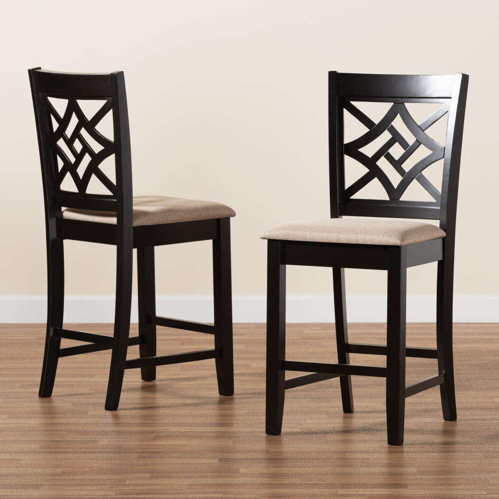 Nicolette Modern and Contemporary Sand Fabric Upholstered and Dark Brown Finished Wood 2-Piece Counter Stool Set