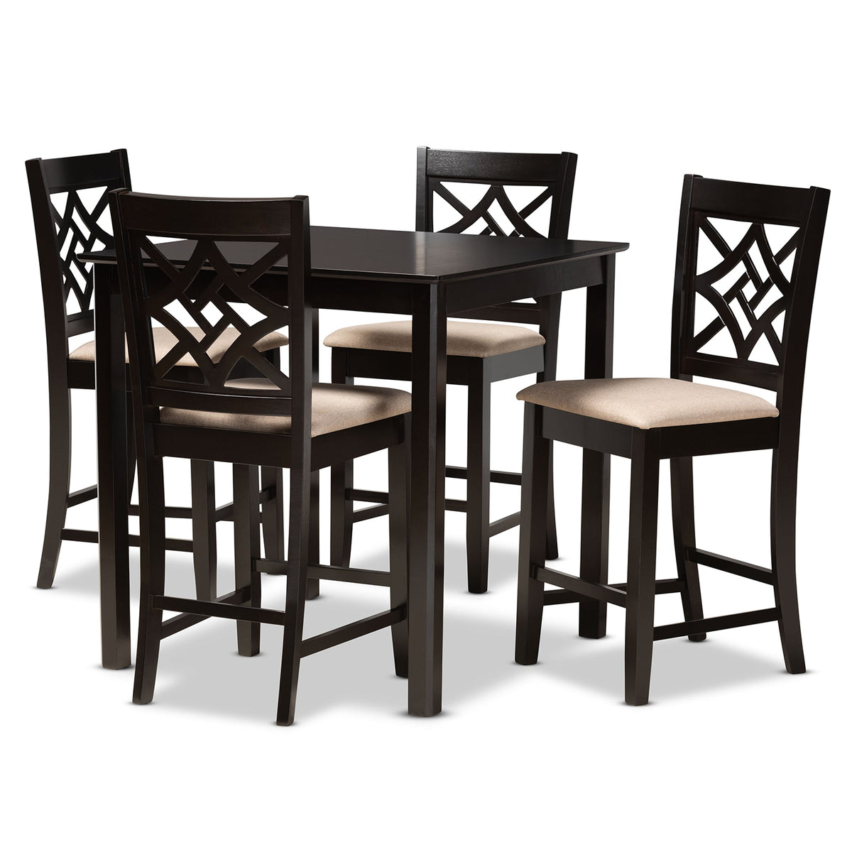 Nicolette Modern and Contemporary Sand Fabric Upholstered and Dark Brown Finished Wood 5-Piece Pub Set