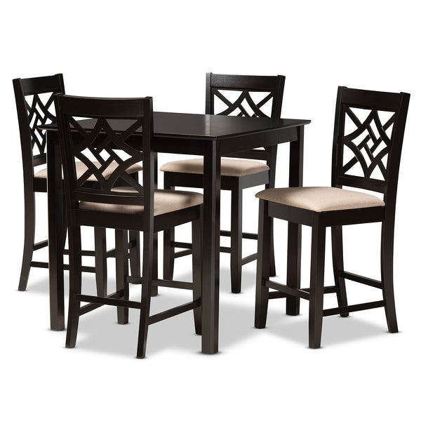 Nicolette Modern and Contemporary Sand Fabric Upholstered and Dark Brown Finished Wood 5-Piece Pub Set