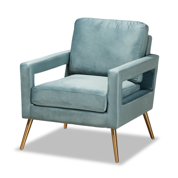 Leland Light Blue Velvet Fabric Upholstered and Gold Finished Armchair