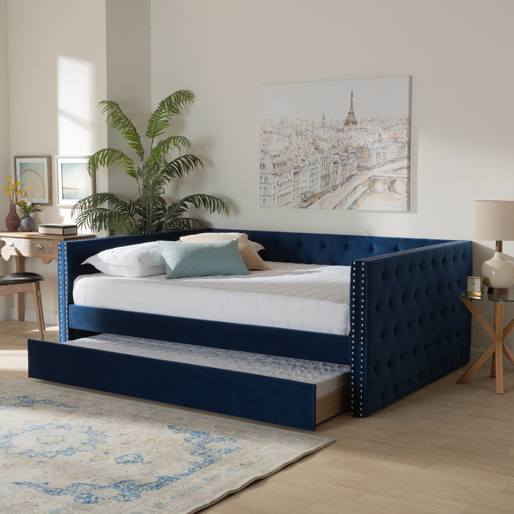 Larkin Navy Blue Velvet Fabric Upholstered Full Size Daybed with Trundle