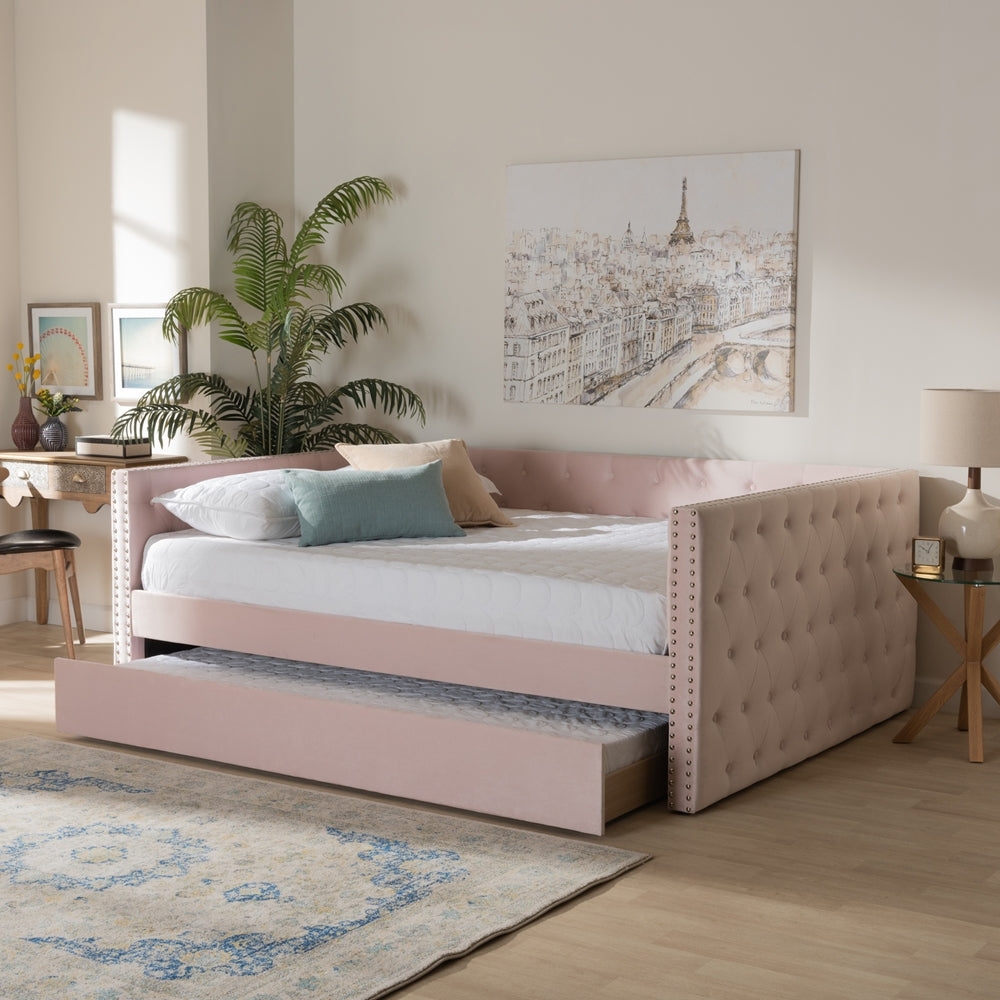 Larkin Pink Velvet Fabric Upholstered Queen Size Daybed with Trundle