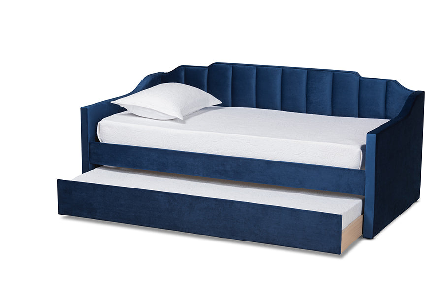 Lennon Navy Blue Velvet Fabric Upholstered Twin Size Daybed With Trundle