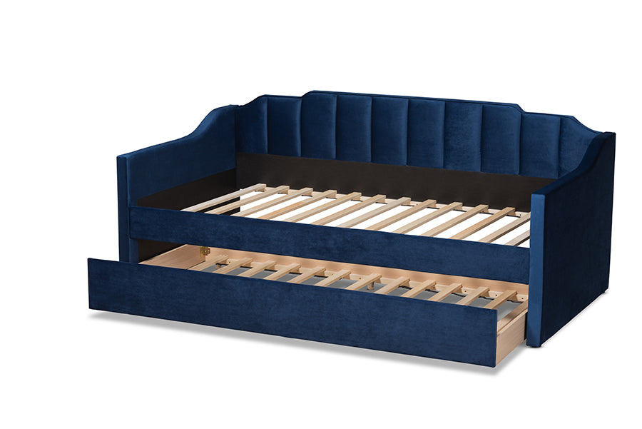 Lennon Navy Blue Velvet Fabric Upholstered Twin Size Daybed With Trundle