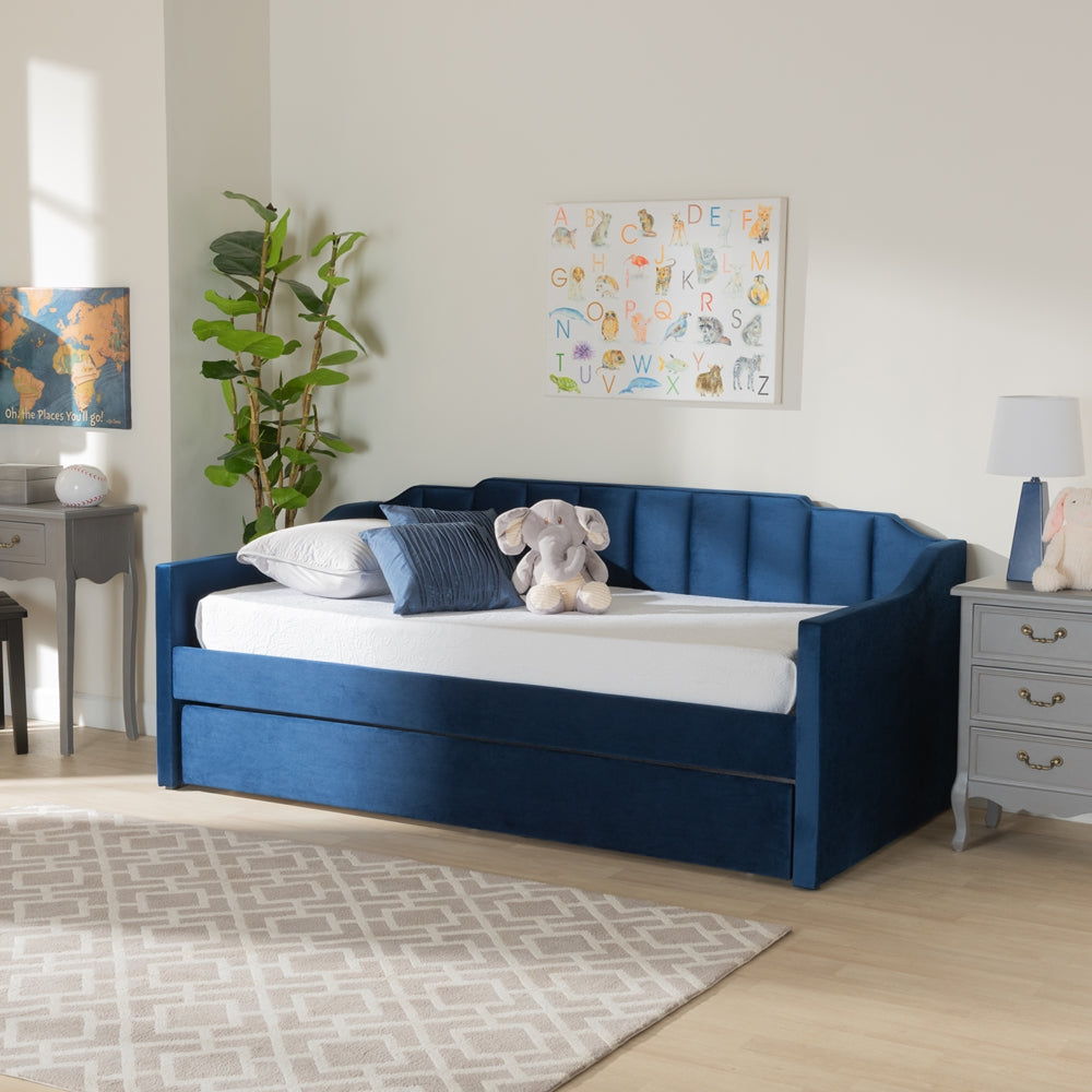 Lennon Navy Blue Velvet Fabric Upholstered Twin Size Daybed With Trundle