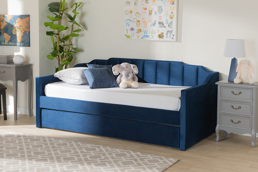 Lennon Navy Blue Velvet Fabric Upholstered Twin Size Daybed With Trundle