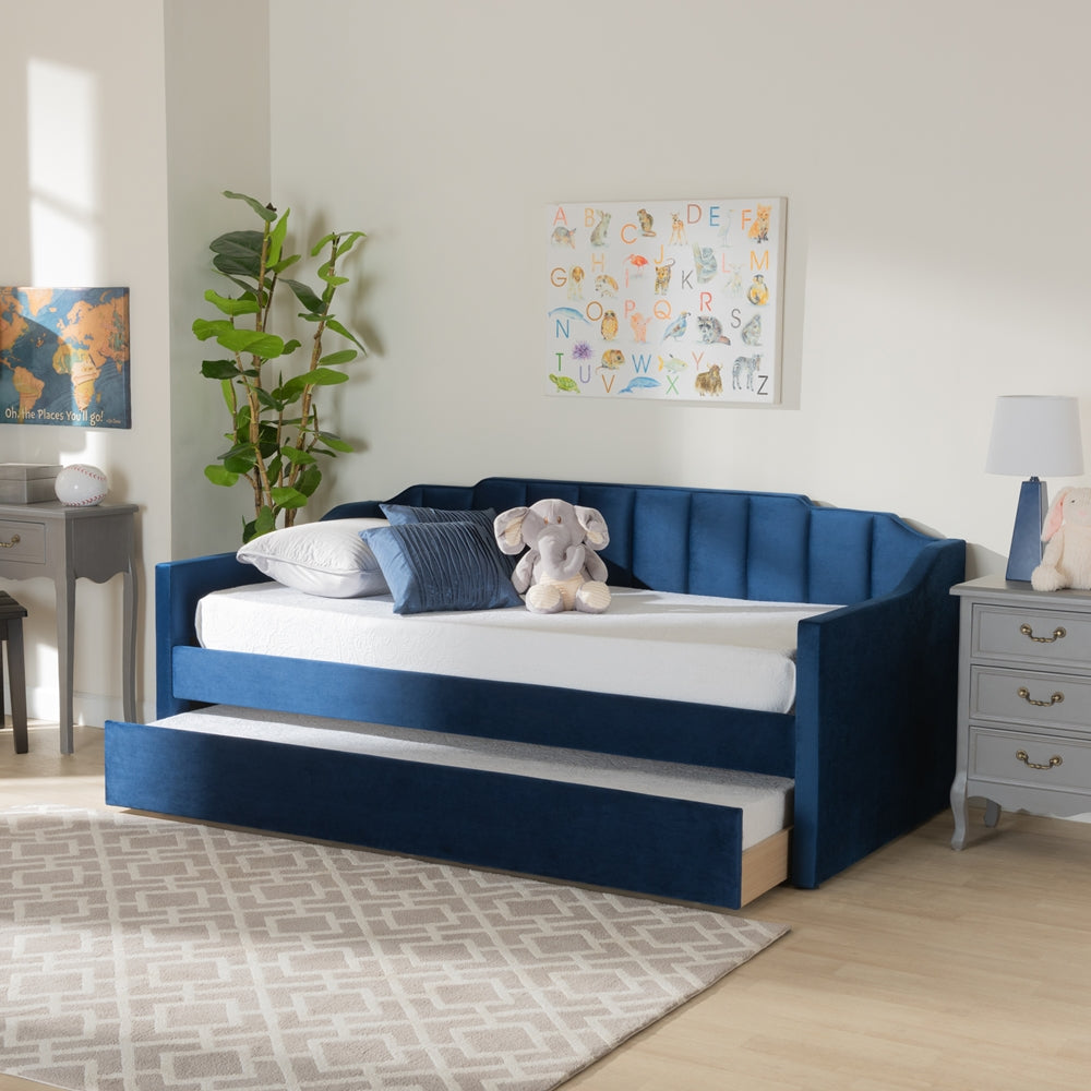 Lennon Navy Blue Velvet Fabric Upholstered Queen Size Daybed With Trundle