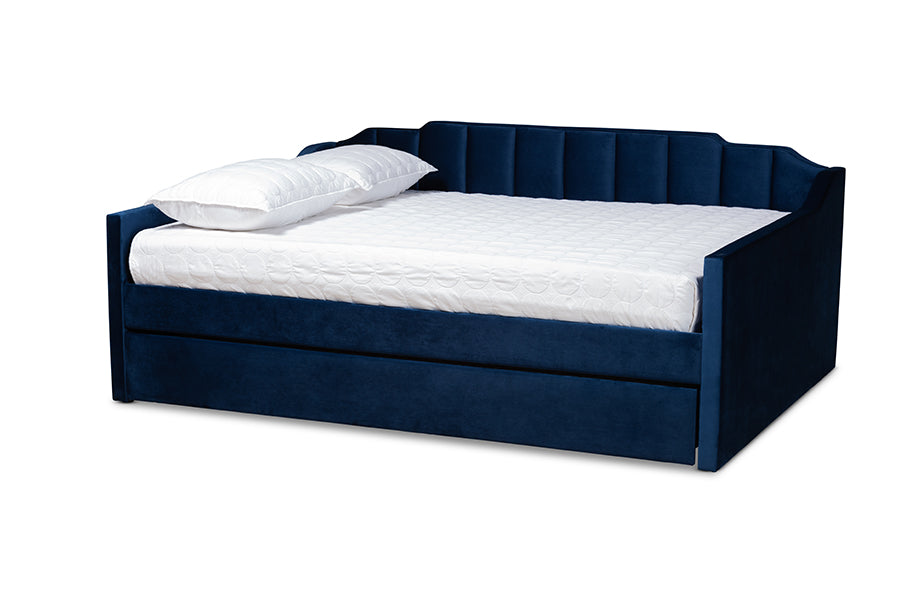 Lennon Navy Blue Velvet Fabric Upholstered Full Size Daybed with Trundle