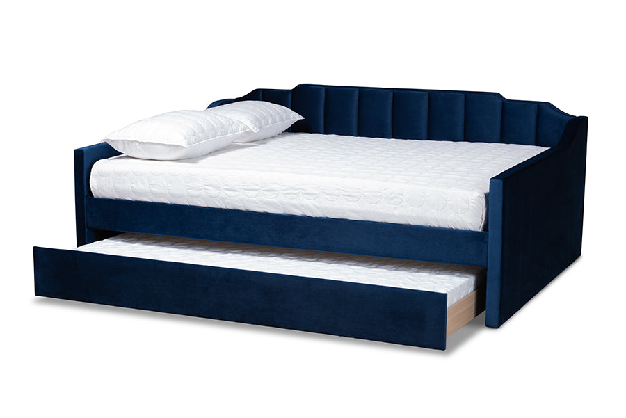 Lennon Navy Blue Velvet Fabric Upholstered Full Size Daybed with Trundle