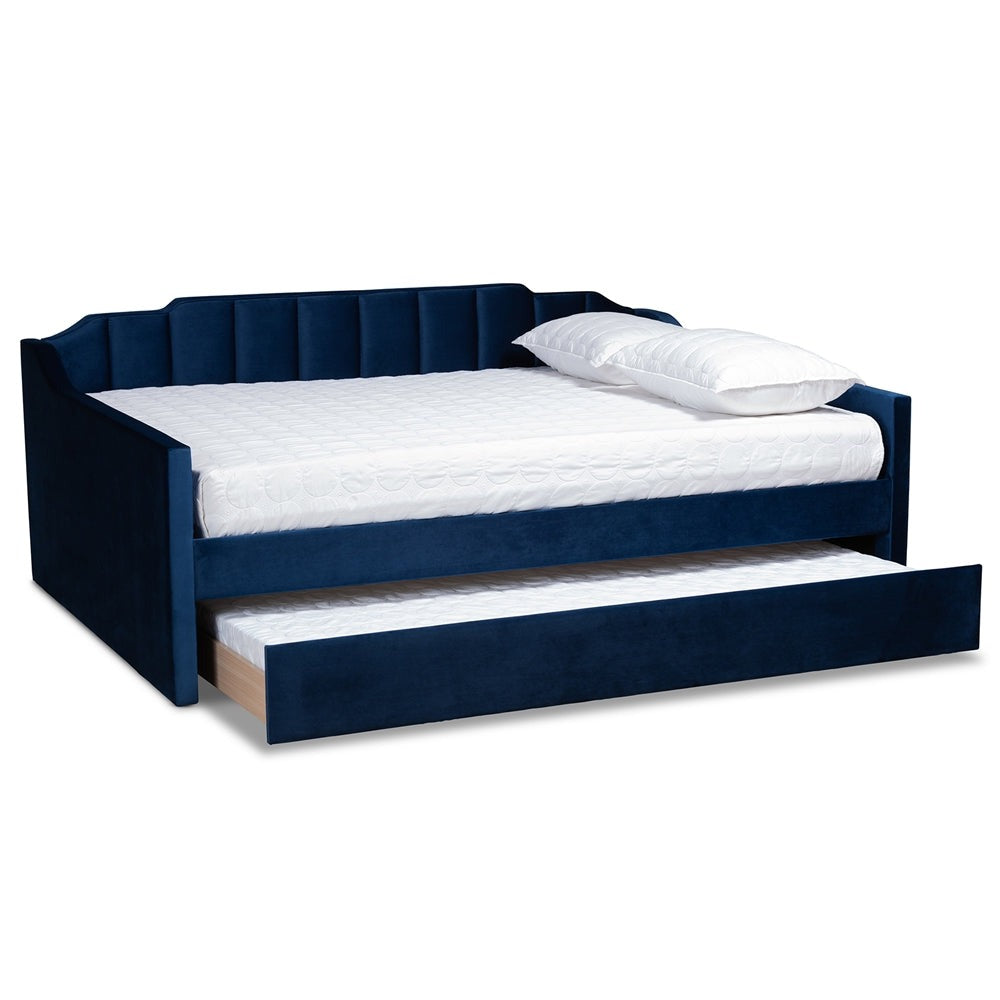 Lennon Navy Blue Velvet Fabric Upholstered Queen Size Daybed With Trundle