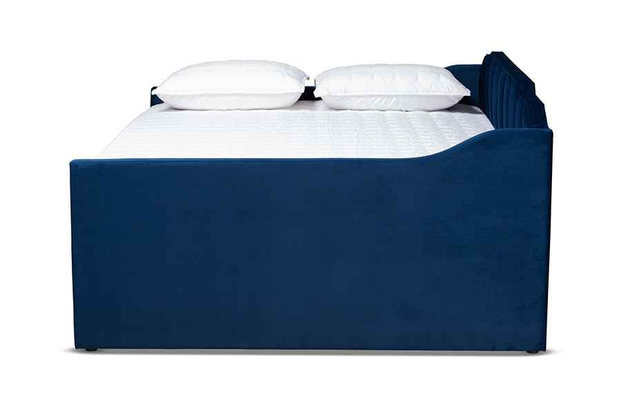 Lennon Navy Blue Velvet Fabric Upholstered Full Size Daybed with Trundle