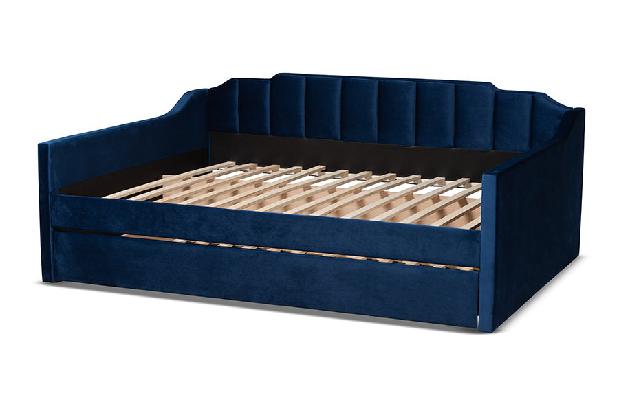 Lennon Navy Blue Velvet Fabric Upholstered Full Size Daybed with Trundle