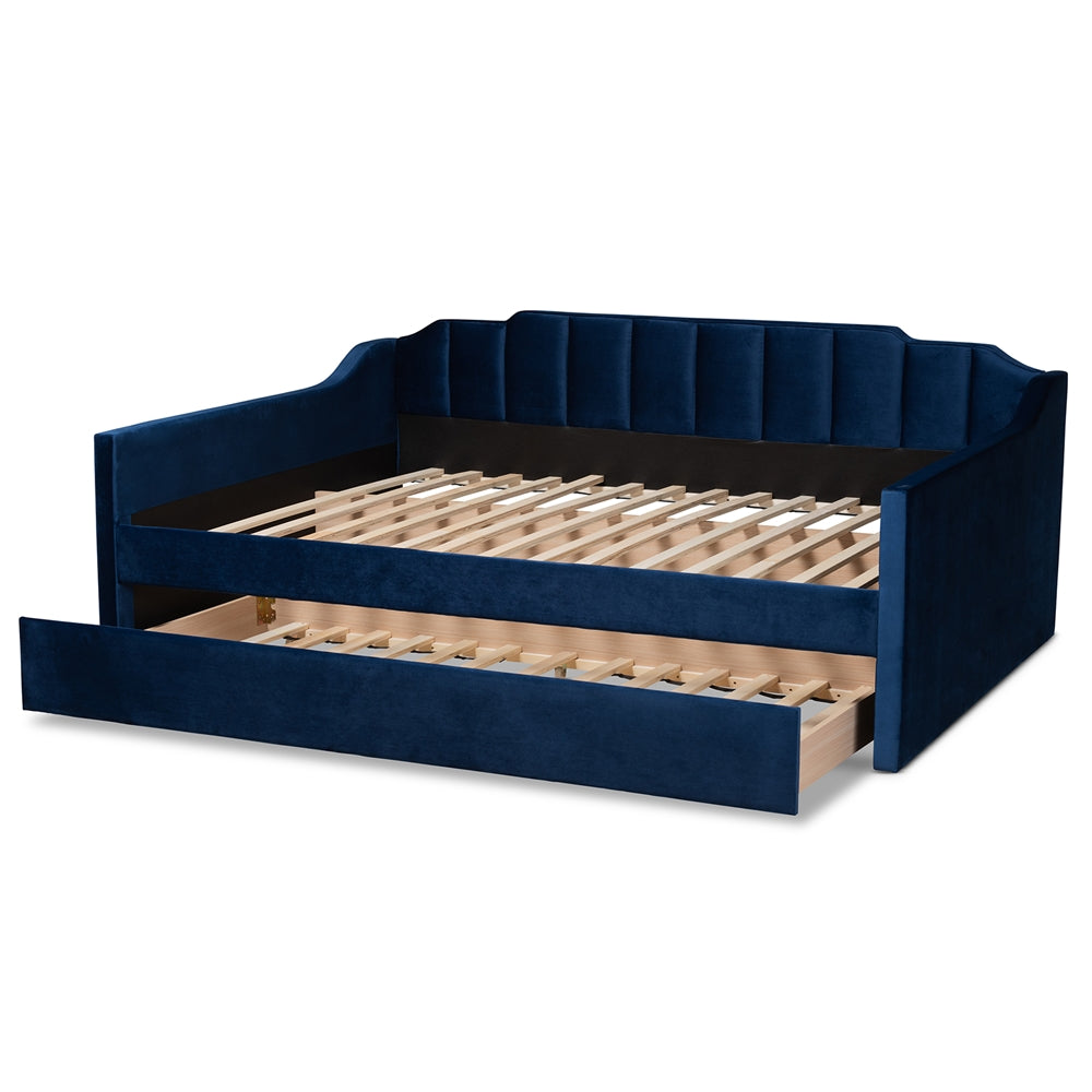 Lennon Navy Blue Velvet Fabric Upholstered Full Size Daybed with Trundle